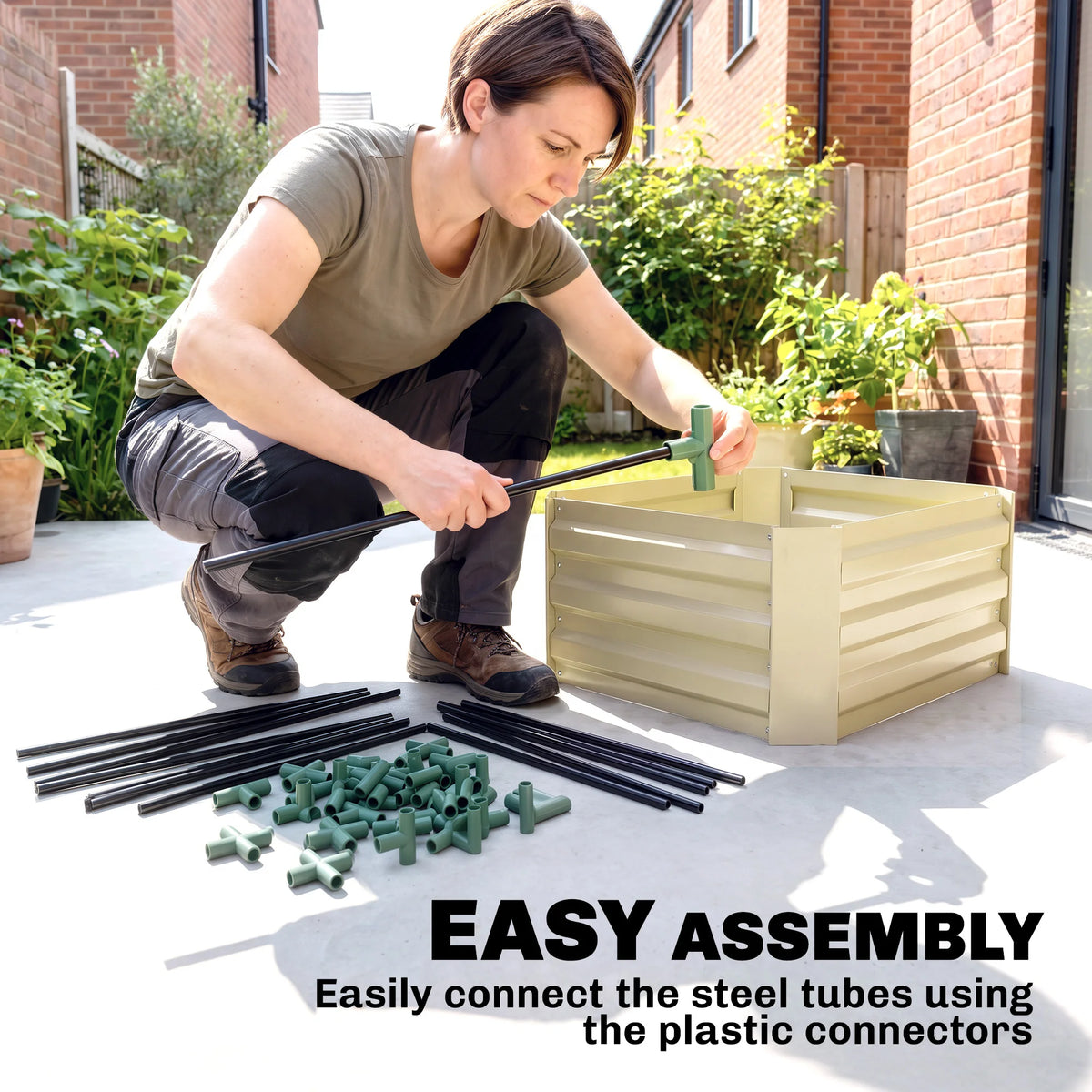 Galvanized Raised Garden Bed with Tomato Cage, Open Bottom, Cream
