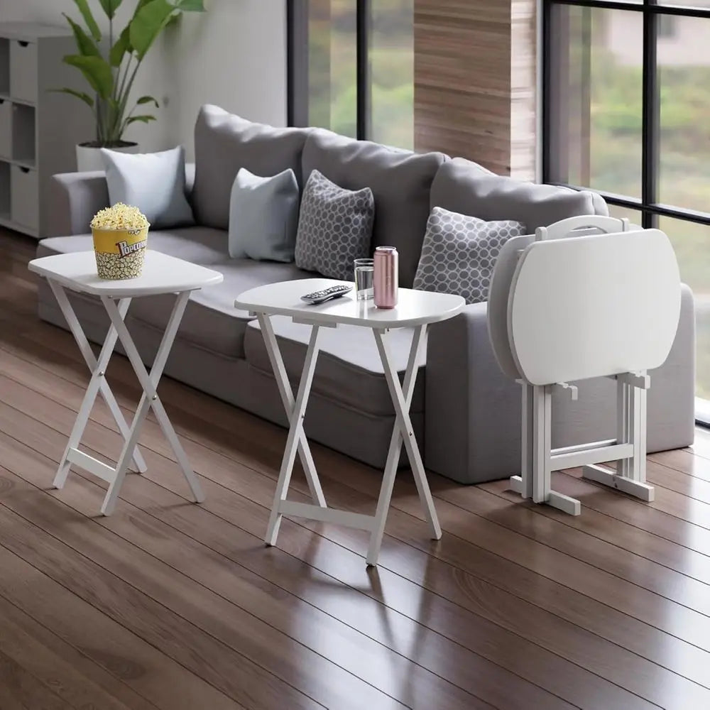 Oversized 4-Piece Snack Tables with Tray Stand - Portable, Space-Saving Side Tables in White