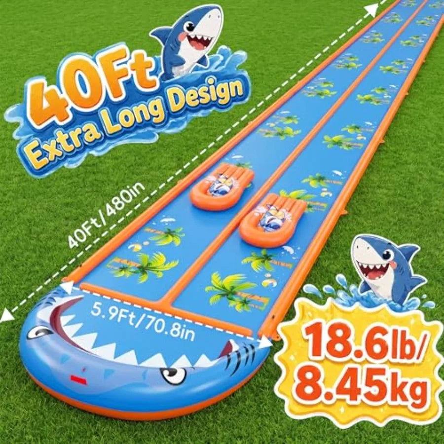 Outdoor backyard water slide for adults and kids, heavy-duty PVC, blue orange, 40×5.9FT with 3-way sprinkler and 2 boards