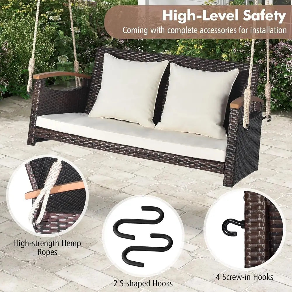 Outdoor Hanging Swing Bench with Cushions, Acacia Wood Armrests, Creamy White