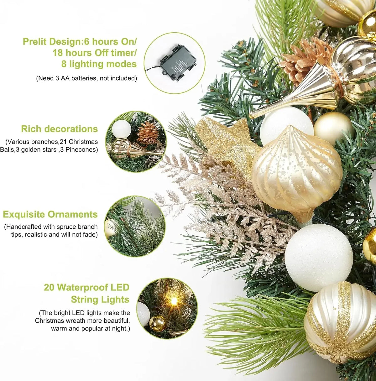 Garvee Pre-Lit Christmas Wreath With Pine Cones And Battery