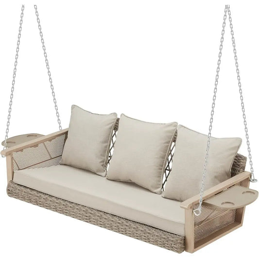 Durable 3-Person Wicker Swing with Cup Holders, Up to 900 lbs Capacity, 56 Outdoor Swing Bench, Cushioned, Suitable for Garden o