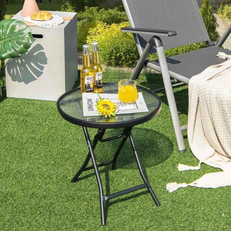 Patio Side Table with Tempered Glass Tabletop