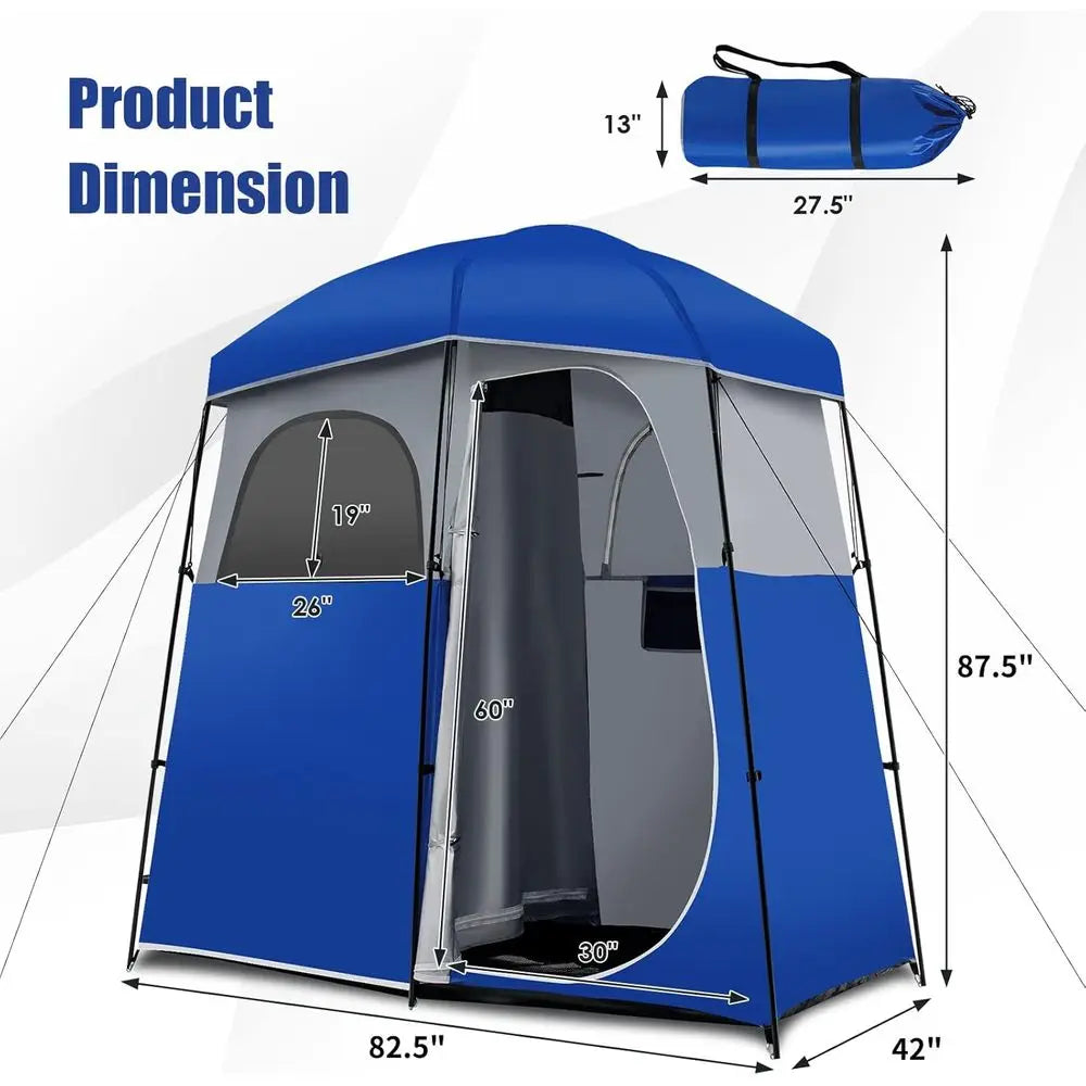 Spacious Double Room Shower Tent with Floor, Portable Privacy Shelter for Camping, Removable Rainfly, Storage Bag and Toilet