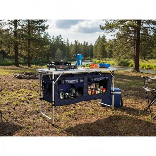 Camping Kitchen Table, Folding Outdoor Cooking Table, 3 Adjustable Height, Aluminum Lightweight Portable Cook Station with Storage Organizer, Carry Handle, for BBQ Party Picnic RV Travel, Blue