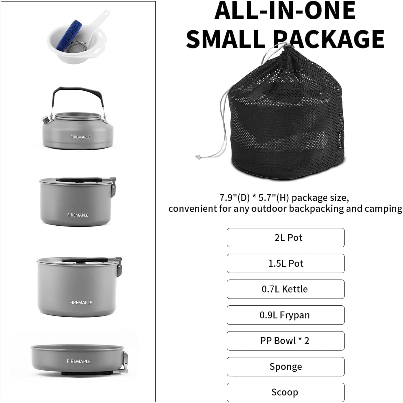Portable Camping Cookware Set, 10-Piece Stackable Pot and Pan Kit with Kettle, Nonstick, Lightweight for Hiking, Backpacking