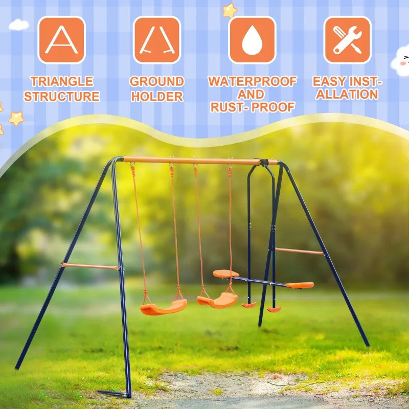 Metal Play Swing Set W/ 2 Seats 1 Glider Outdoor Playground 440lbs Capacity Patio Swings