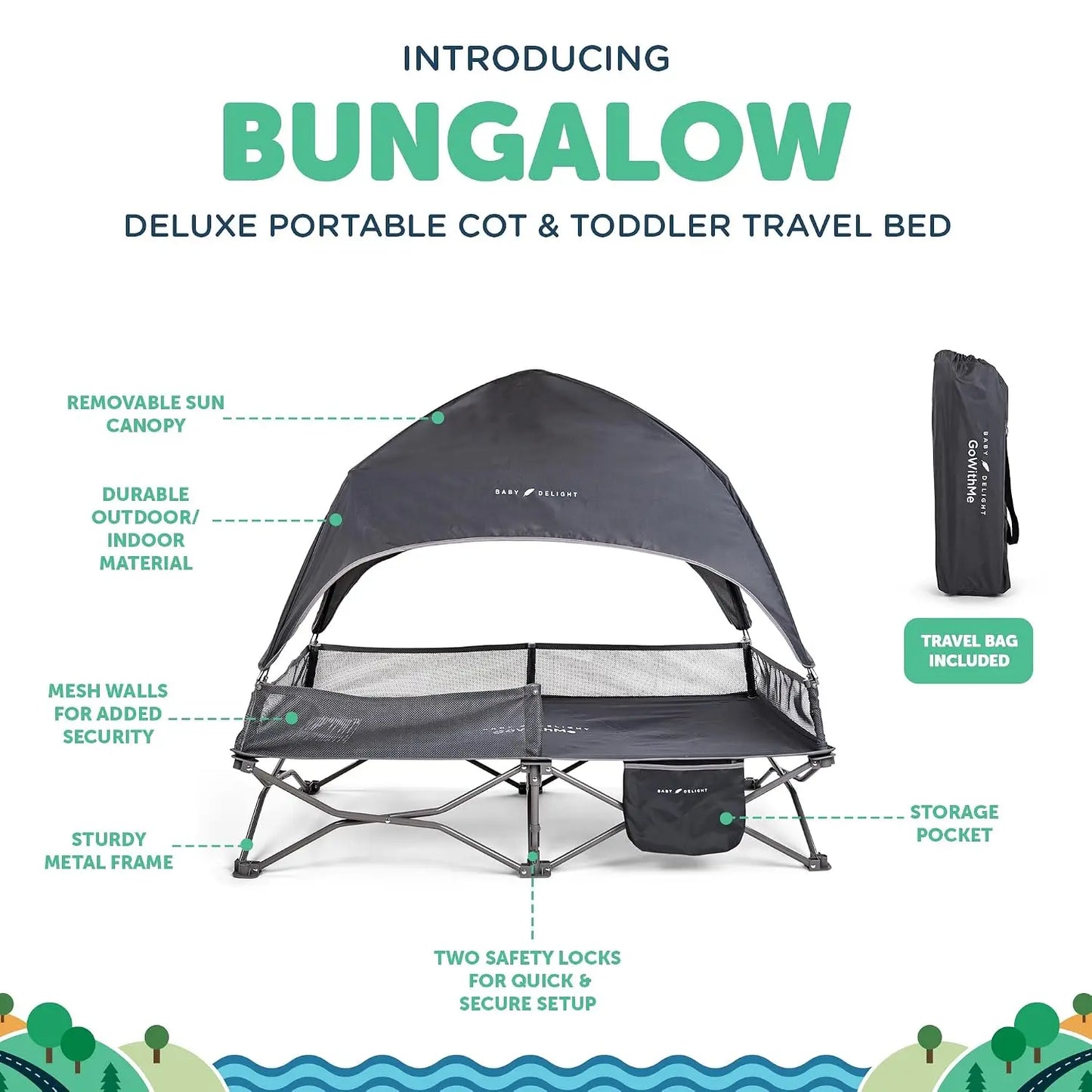 Portable Travel Cot for Toddlers with Sun Canopy, Indoor Outdoor Baby Bed, Folding Camping Crib, Grey