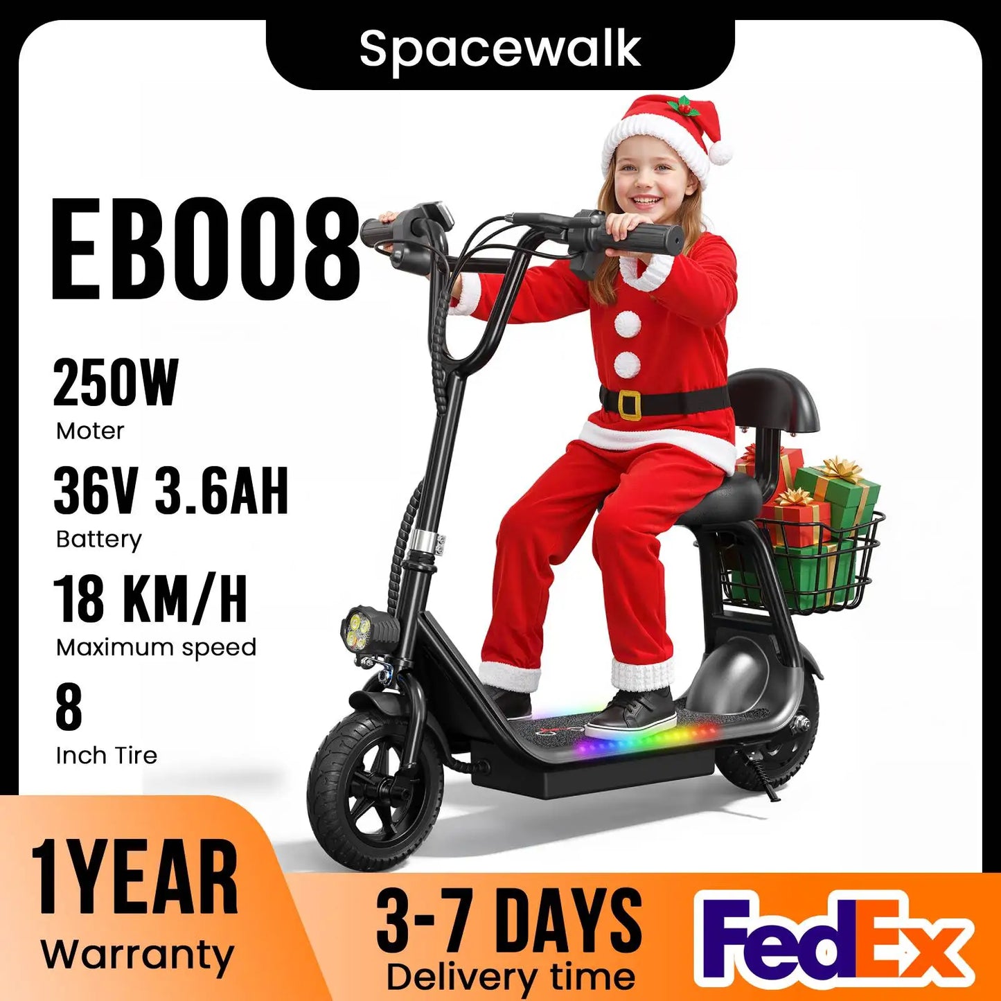 Spacewlak Kids Electric Scooter,Peak 250W Motor,8" Pneumatic Tires,Kids Foldable Electric Scooter with Basket & Adjustable Seat