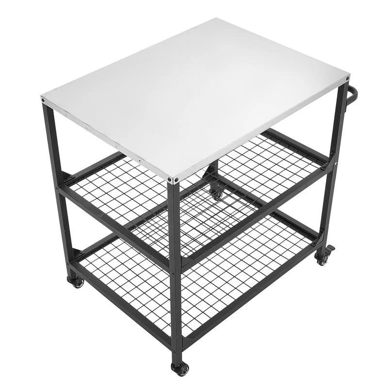 Outdoor Grill Cart, 31.5 X 24.0 Inch Stainless Steel Tabletop Size Grilling Table, Outdoor Cooking Table with 4 Wheels & Side Handle, Two Mesh Shelves, BBQ Prep Tables for Patio, Garden