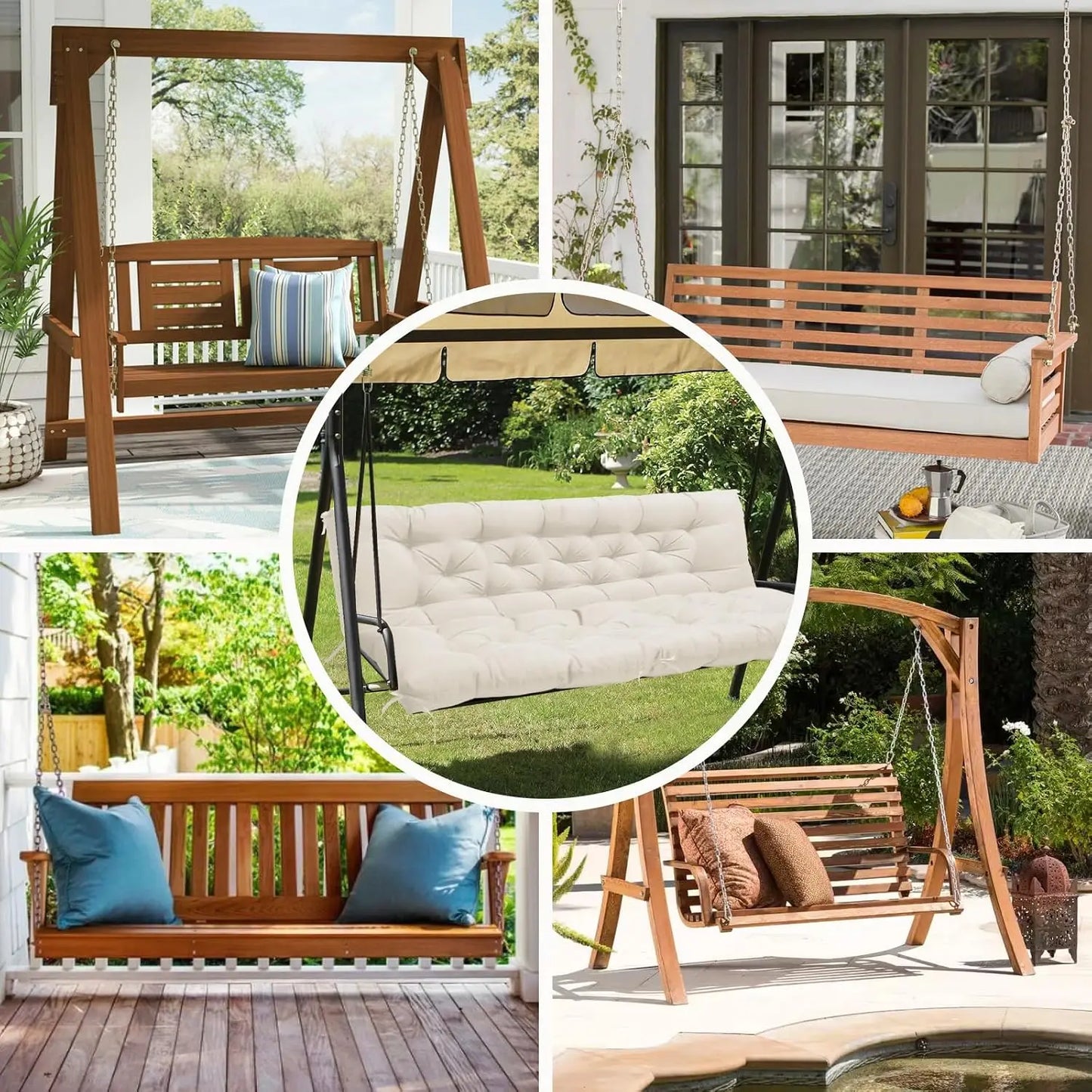 60x40in Outdoor Porch Swing Cushion, 2-3 Seater, Cream, Waterproof with Ties