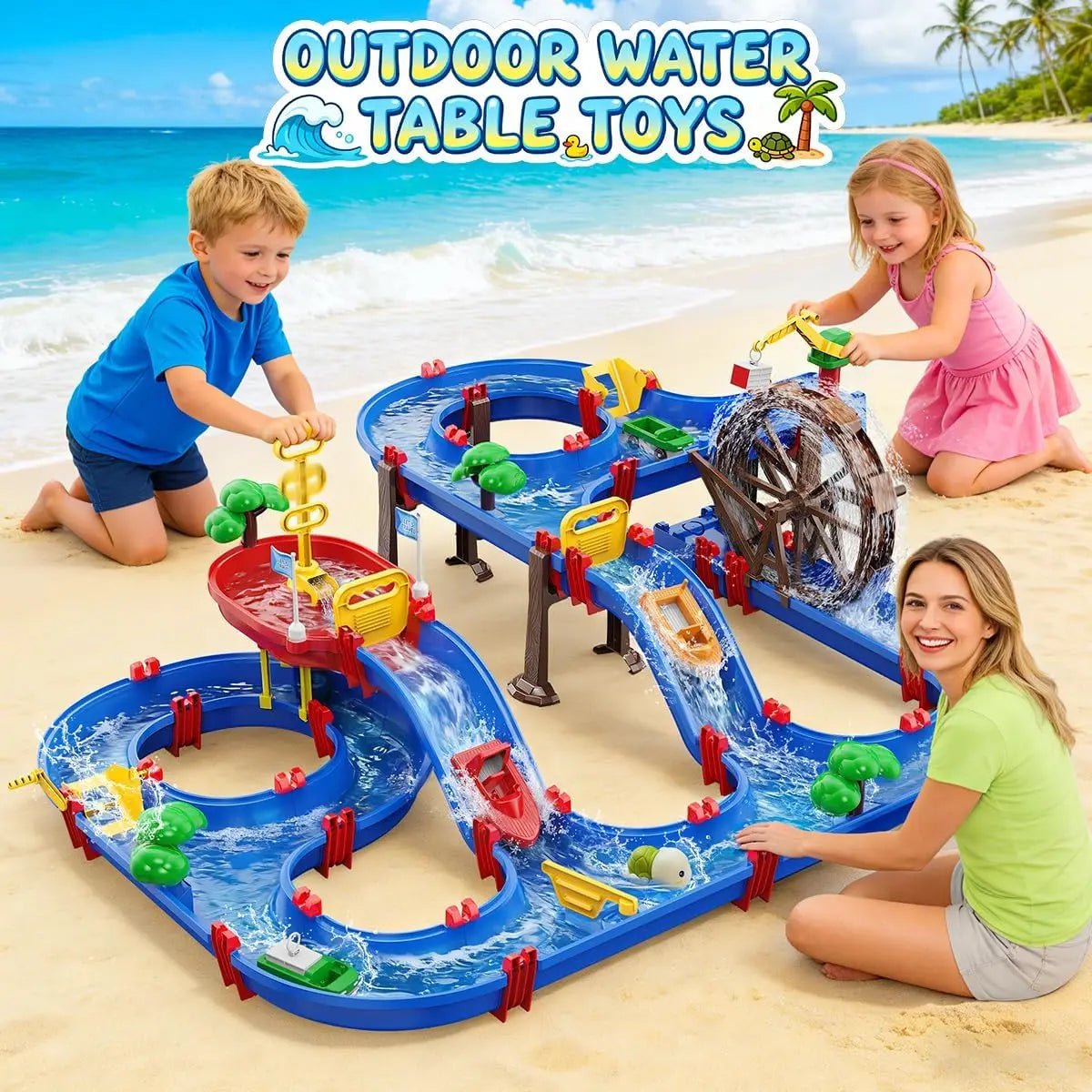 VATOS Summer Outdoor Retro Manual Irrigation Water Truck Kids Toy 2-Tier Watermill Water Table Fun Water Wheel Drifting Playset Backyard Beach Balcony Garden Toys
