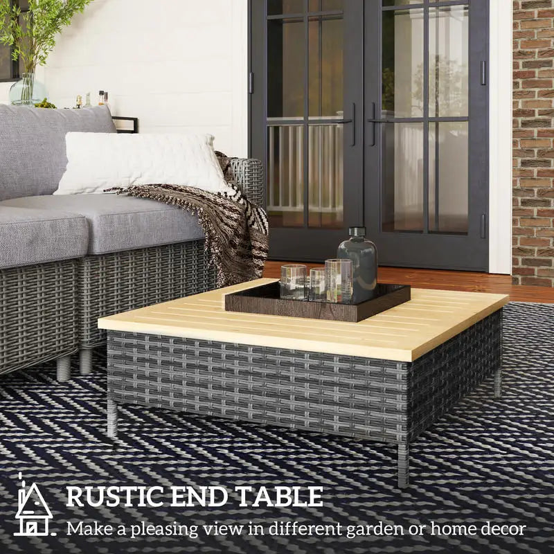Outdoor PE Rattan Side Table With Fir Wood Top Weatherproof