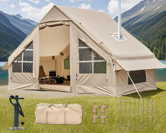 4-6 Person Inflatable Tent - Quick Setup Air Tent with Stove Jack, 420D Oxford (PU2000), 15cm Air Beams, 2 Doors & Windows