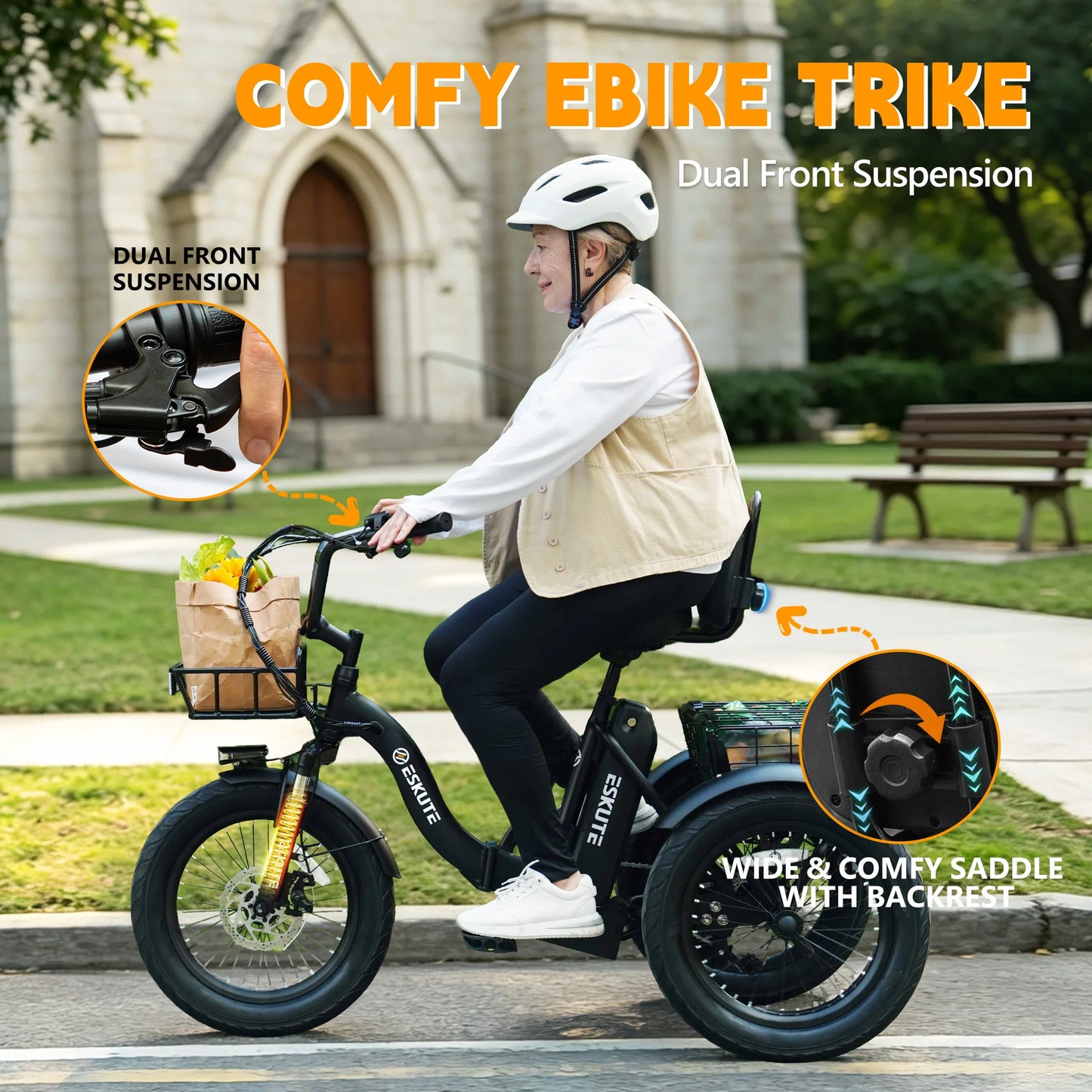 ESKUTE T300 E Trike Electric Bike, Peak 1200W Brushless Motor Folding Trike 18X3.0 Fat Tire Ebike, 624Wh Removable Battery, Step-Thru 3 Wheel Electric Bicycle, Up to 65 Miles, 18MPH+ Tricycle for Adults