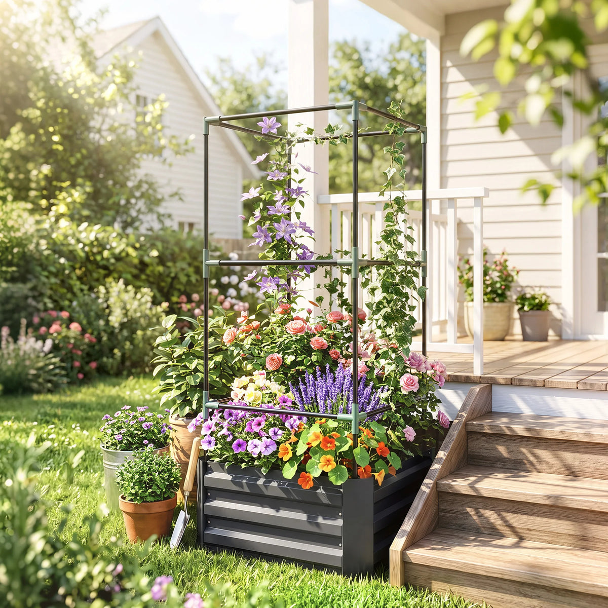 Galvanised Raised Garden Bed with Tomato Cage, Open Bottom, Dark Gray