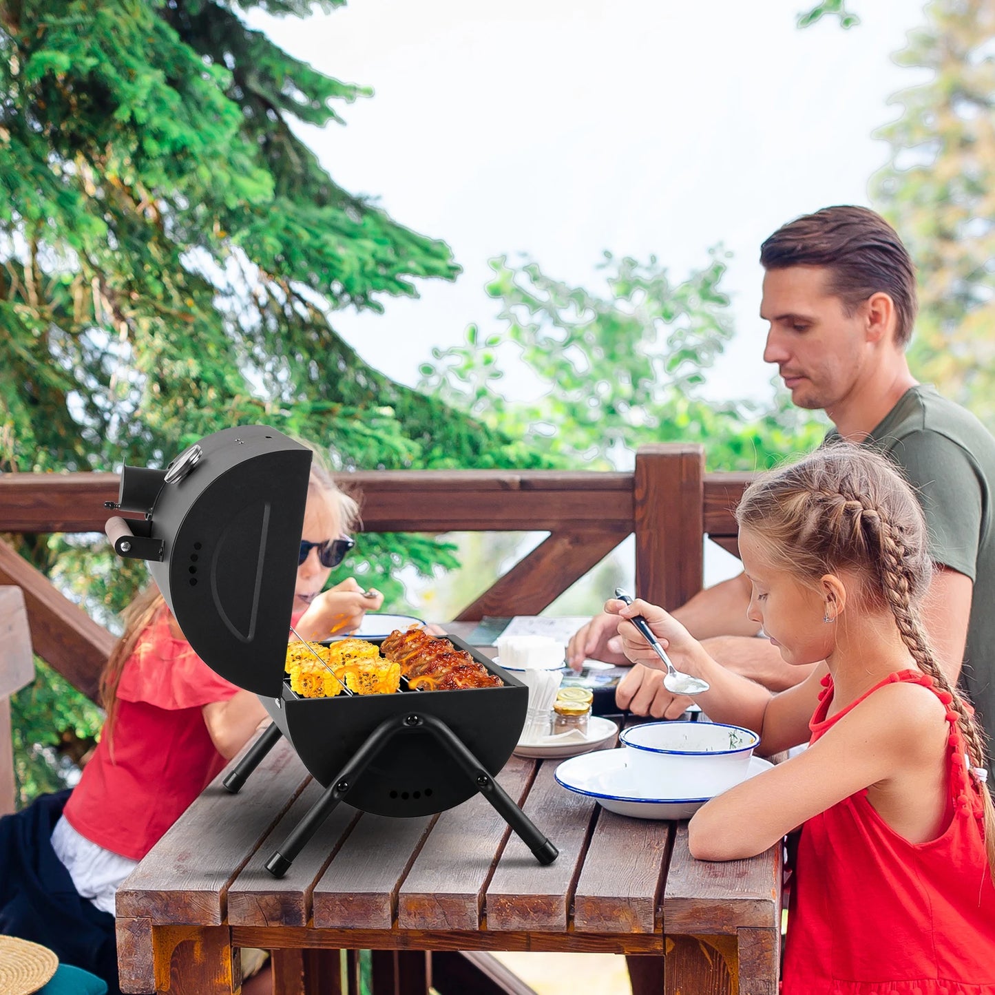 Portable Charcoal Grill With Thermometer And Wooden Handle