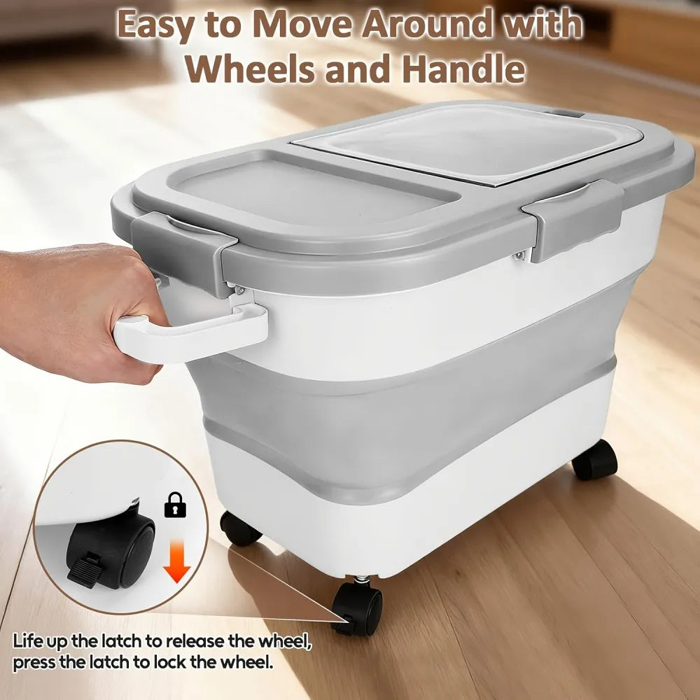 Collapsible Pet Food Container With Airtight Lid And Roller Wheels