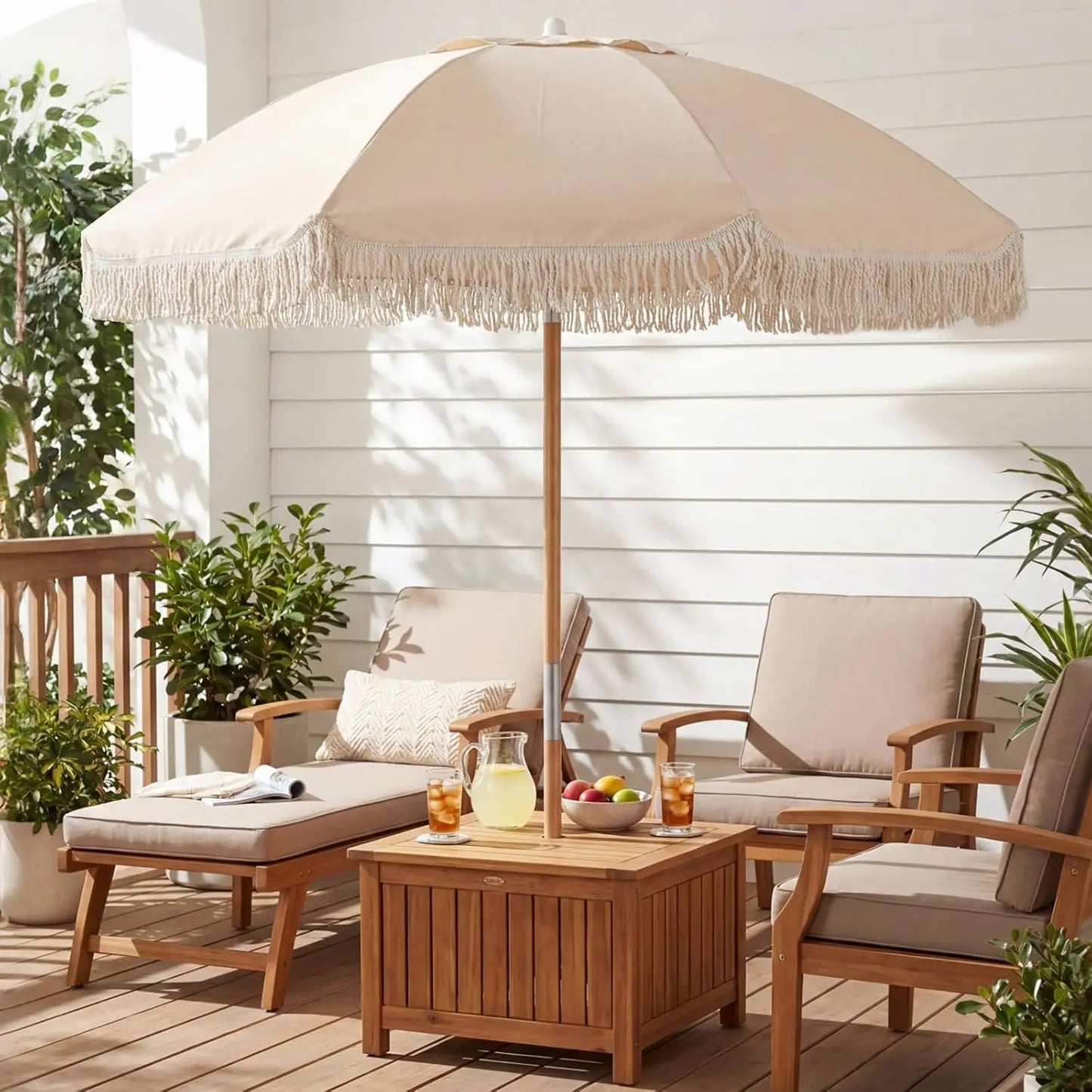 6 FT Patio Umbrella With Fringe, Tassel Outdoor Table Umbrella, Push Button Tilt System, Sturdy Wood Pole, UV Protection Canopy, Boho Backyard Garden Beach Pool Sunshade, Off White