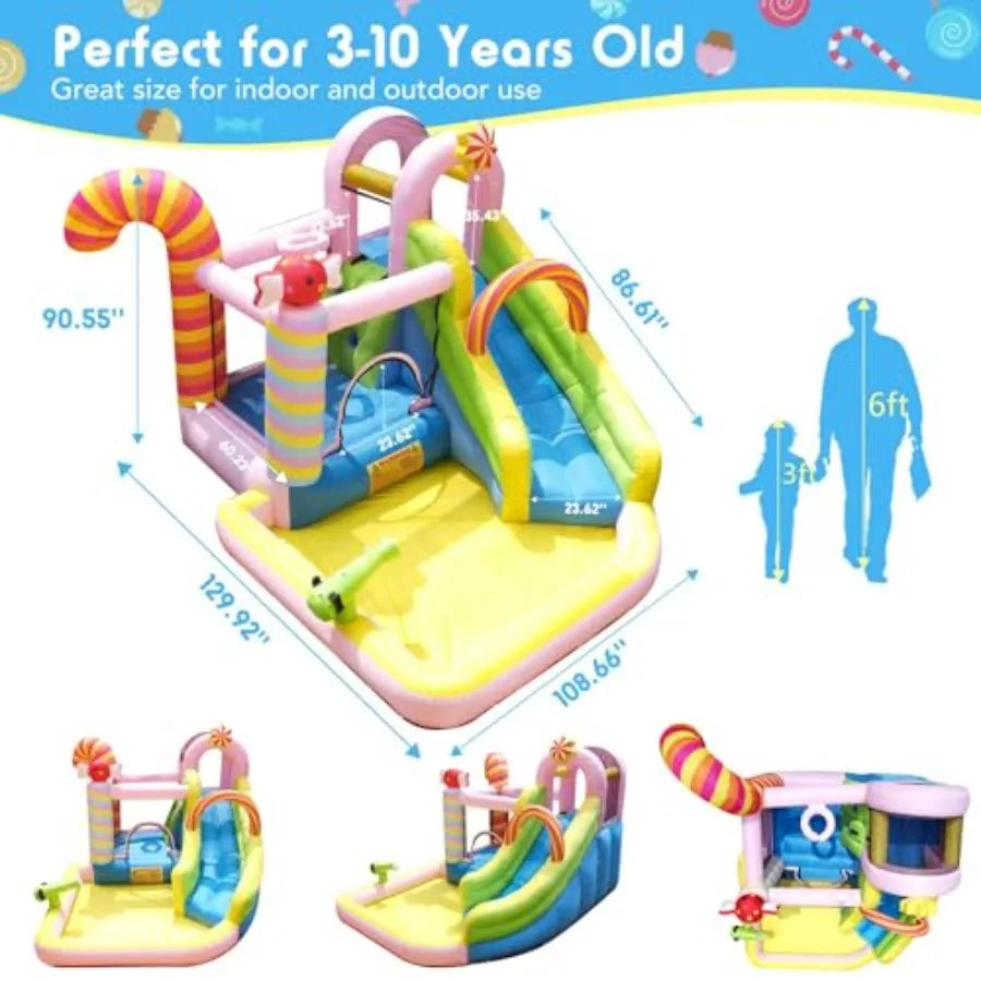 6-in-1 Iatable Water Slide Bounce House for Ages 3-10, Candy Iatable Water Park with Splash Pool, Climbing Wall, Basketball Hoo