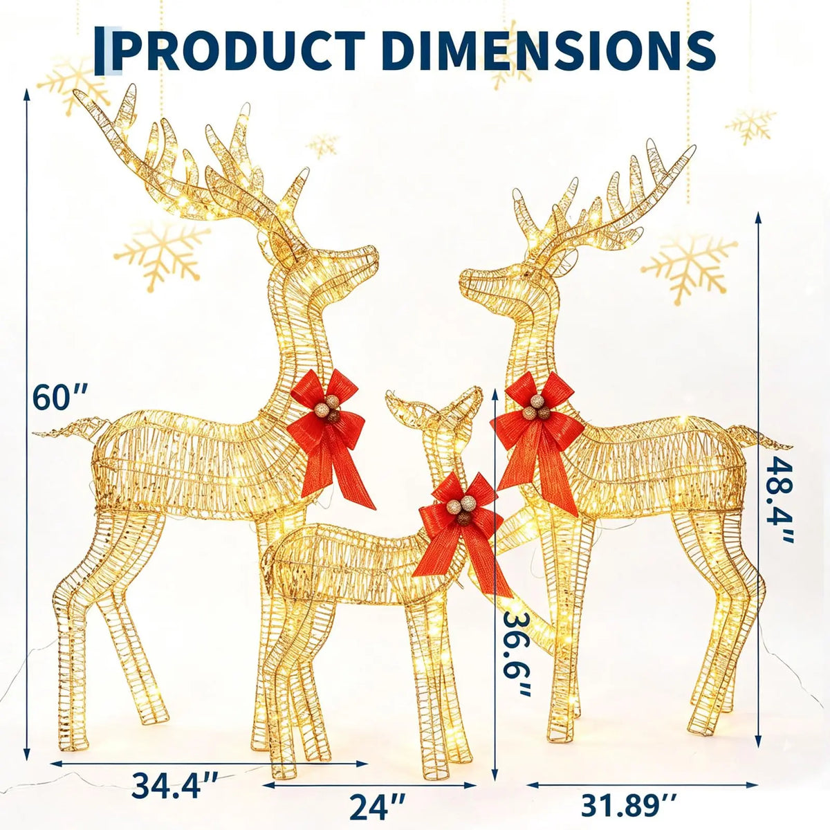 3 Piece Lighted Christmas Deer Family Outdoor, Gold Glitter Reindeer Yard Decor, 360 Warm White LED Lights, Buck Doe Fawn Set