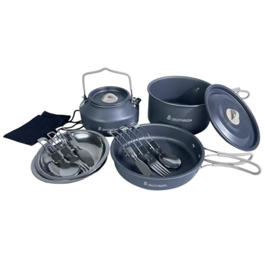 Camping cookware set: aluminum non-stick pots and pans with silicone handles, black-gray color, lightweight and compact for bac