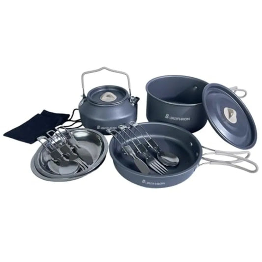 Camping cookware set: aluminum non-stick pots and pans with silicone handles, black-gray color, lightweight and compact for bac