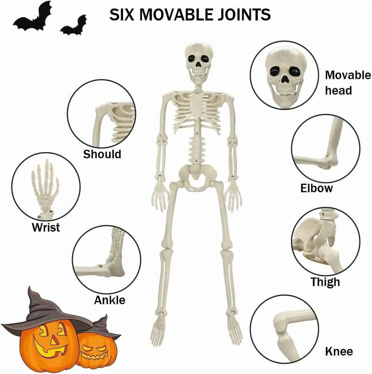 35" Halloween Skeleton Decoration – 3 ft Body with Posable Joints for Indoor & Outdoor Yard Patio Lawn Garden Haunted Party Decor