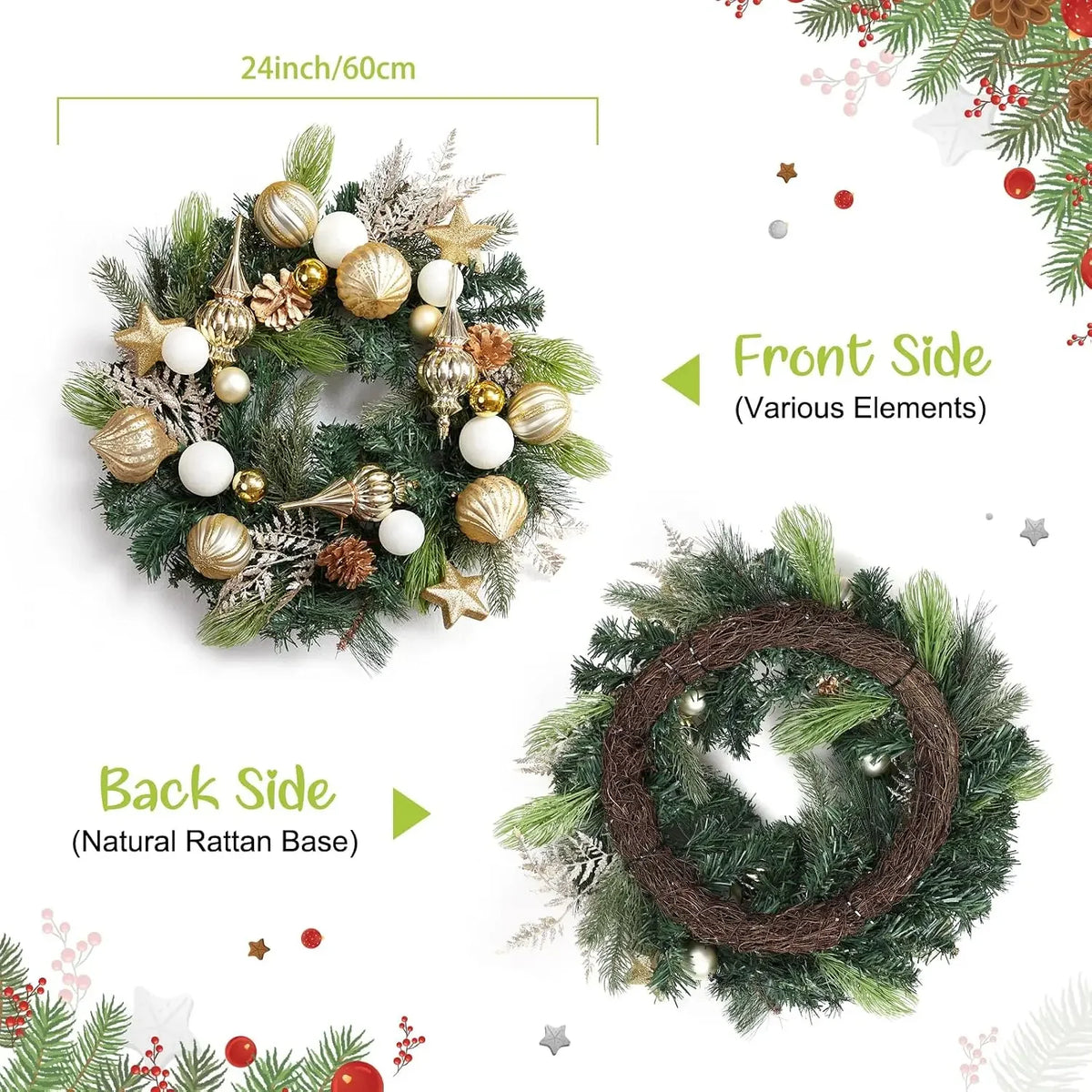 Garvee Pre-Lit Christmas Wreath With Pine Cones And Battery