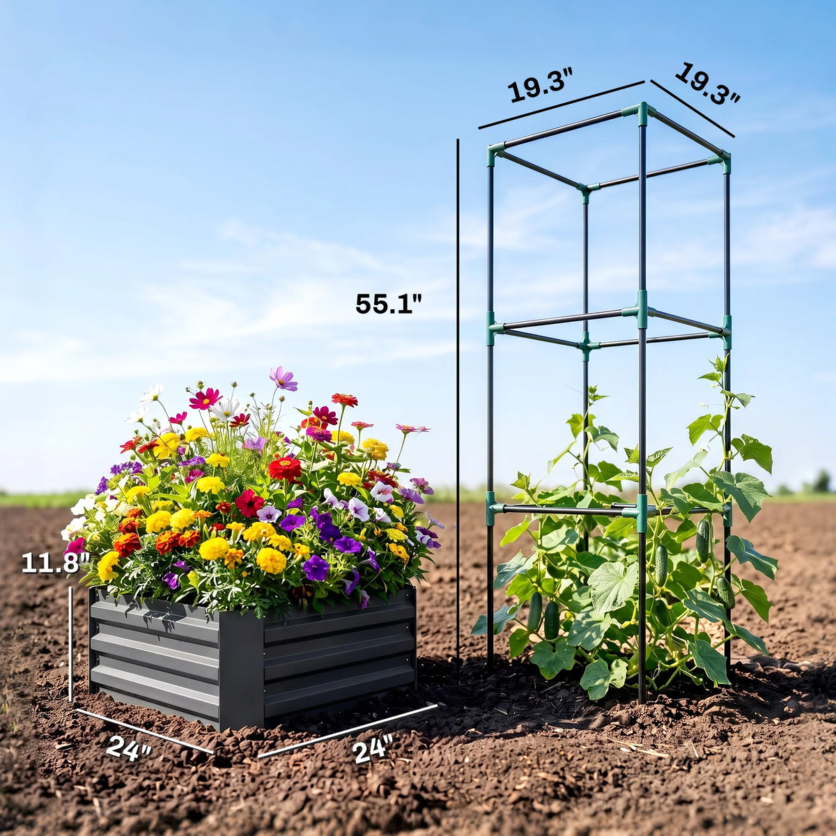 Galvanised Raised Garden Bed with Tomato Cage, Open Bottom, Dark Gray