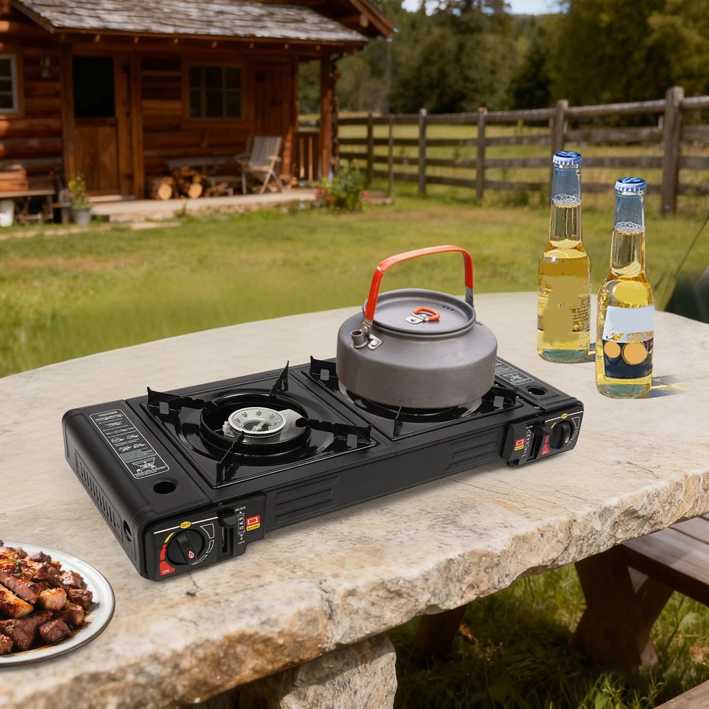 Portable Two Burner Camping Gas Stove With Baking Tray