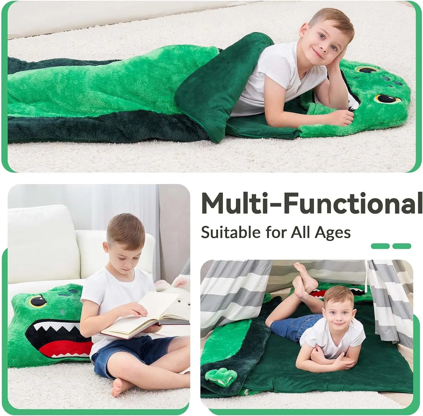 Dinosaur Sleeping Bag for Kids, 2-in-1 Nap Mat & Pillow, Soft Plush Slumber Sack for Travel & Daycare, Ages 3-12