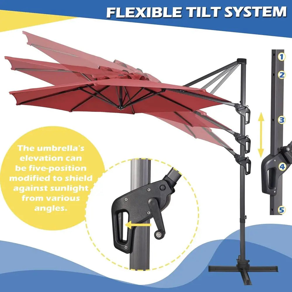 10ft Rotating Cantilever Umbrella with 360° Swivel, 8 Ribs, Fade-Resistant, Waterproof for Outdoor Patio, Garden, Poolside