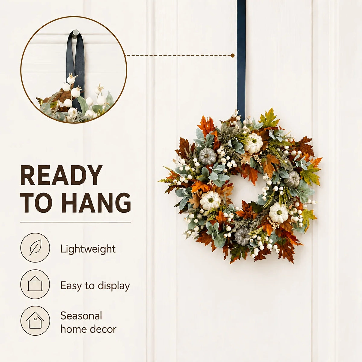Artificial Peony Pumpkin Wreath With Leaves And Berries For Fall