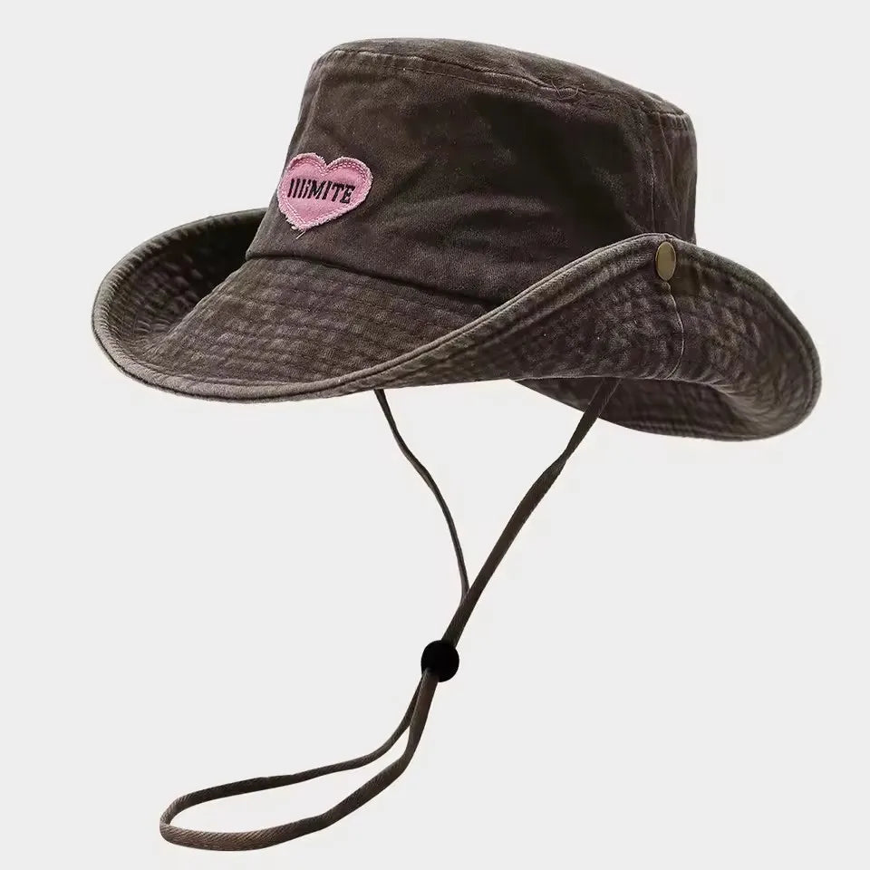 Japanese Retro Washed Cowboy Hats for Women Spring and Summer Outdoor Camping Sun Protection Sweet Pink Love Bucket Caps