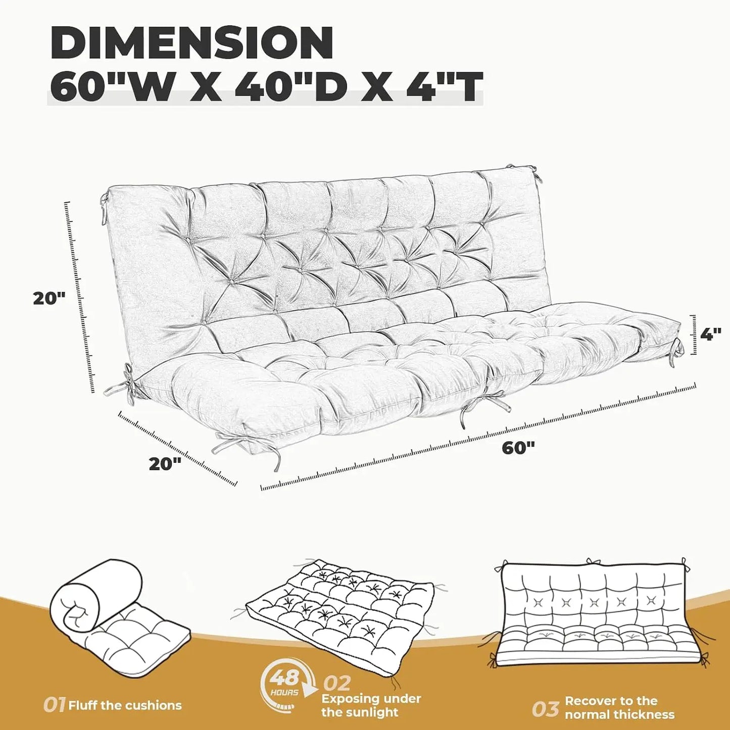60x40in Outdoor Porch Swing Cushion, 2-3 Seater, Cream, Waterproof with Ties