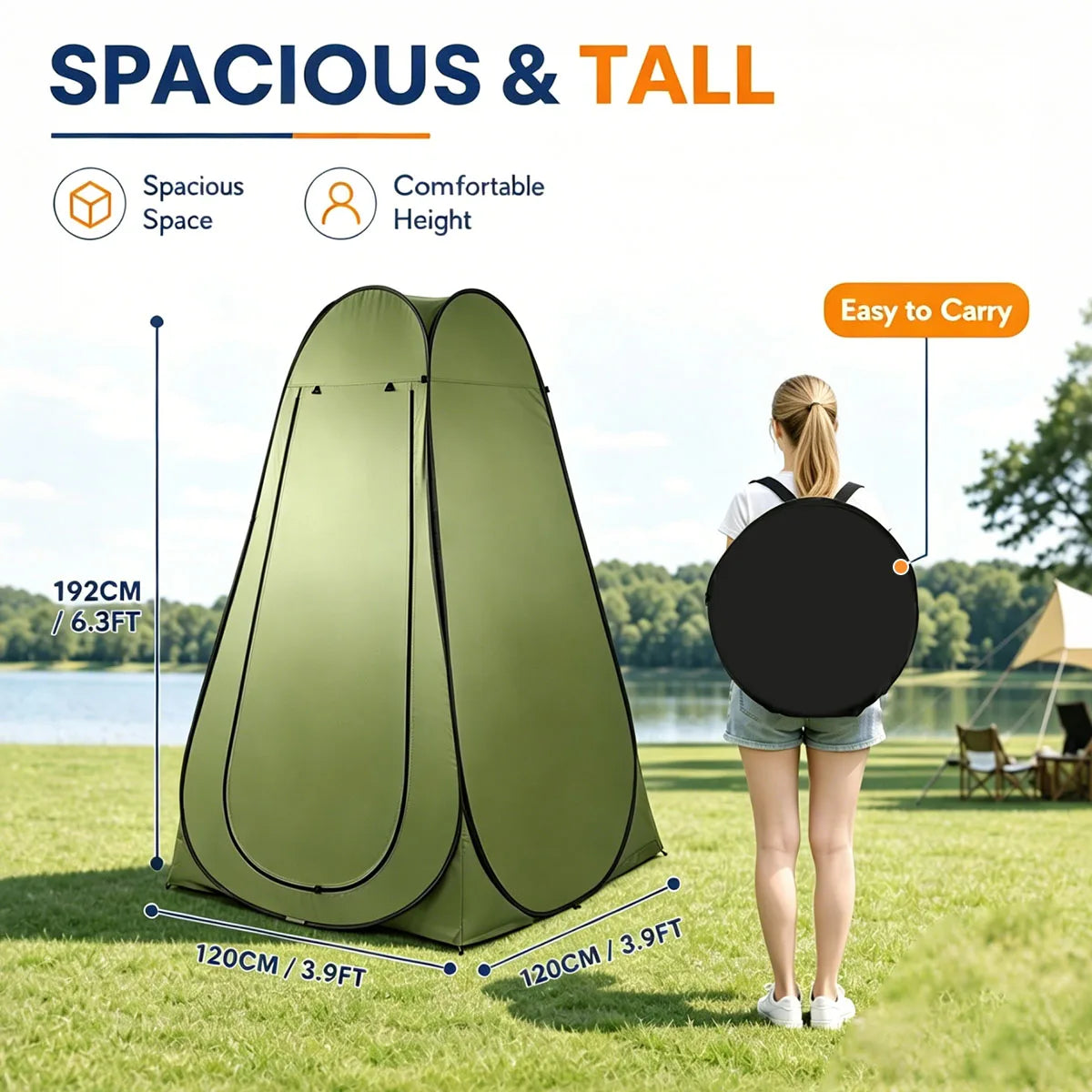 Instant Pop Up Changing Tent 192cm Tall Portable Outdoor Privacy Shower Tent with Silver Coating Waterproof Foldable Camping Toilet Dressing Booth with Carry Bag Stakes Ropes for Beach Swimming Fishing Hiking Photography