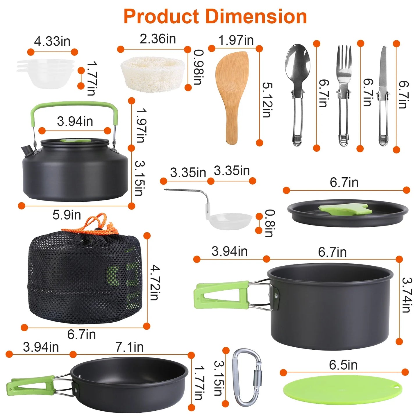 16Pcs Complete Camping Cookware Mess Kit, Lightweight Hard Anodized Aluminum Outdoor Cooking Set with Pot, Pan, Kettle, Foldable Spoon Fork Knife Soup Spoon, 3 Plastic Bowls, Wooden Spatula, Cutting Board, Cleaning Tool, Cara