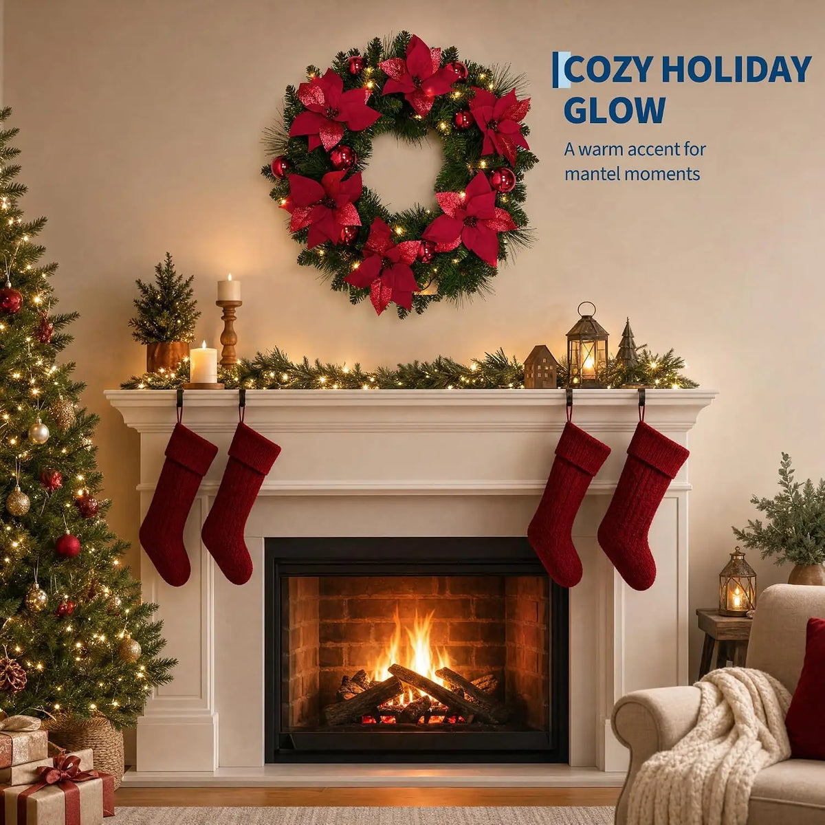 HiMiss Artificial Christmas Wreath With Flowers For Door Holiday Decoration
