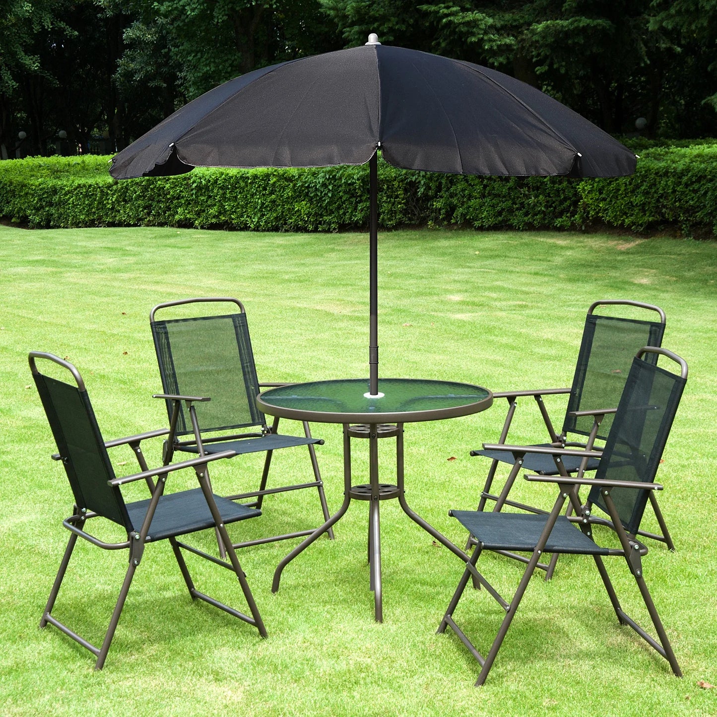6 Piece Patio Dining Set with Umbrella, 4 Folding Chairs & Glass Table, Black and Coffee
