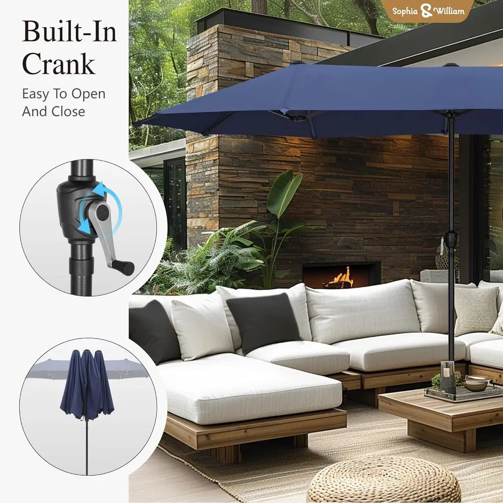 Large Navy Blue Double-Sided Patio Umbrella for Outdoor Deck, Garden, and Pool Use