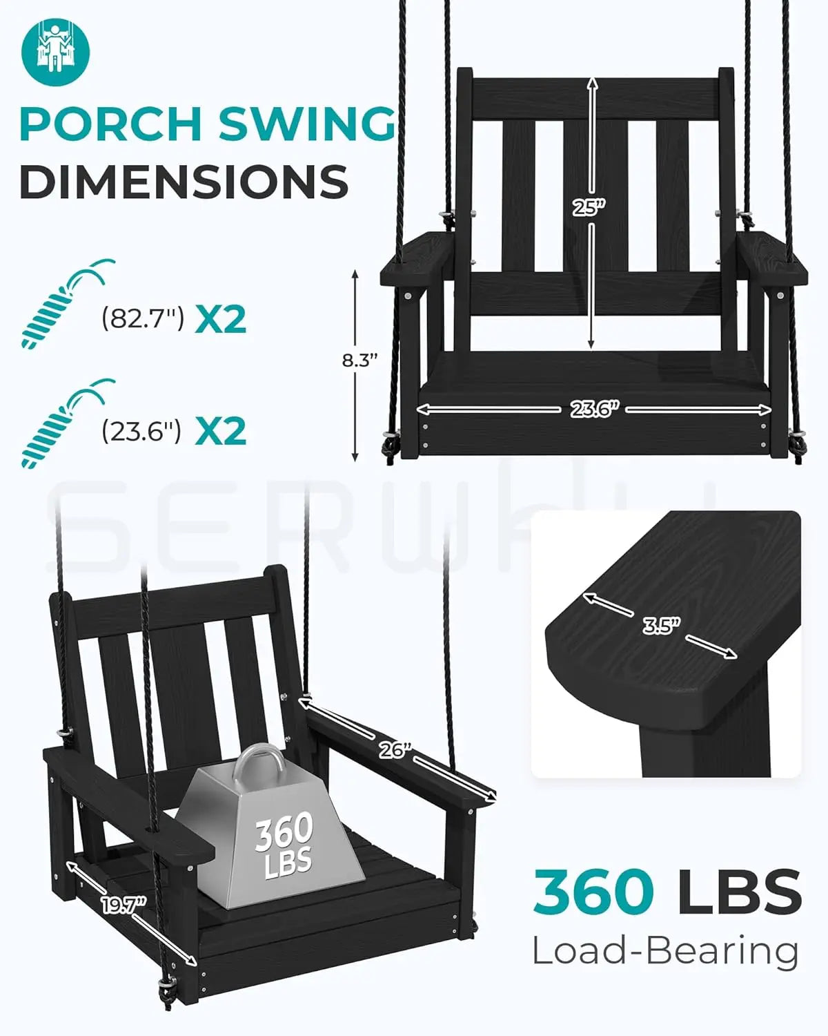 Black HDPE Single Porch Swing with Polypropylene Ropes for Outdoor Front Porch, Patio, Garden - Heavy Duty