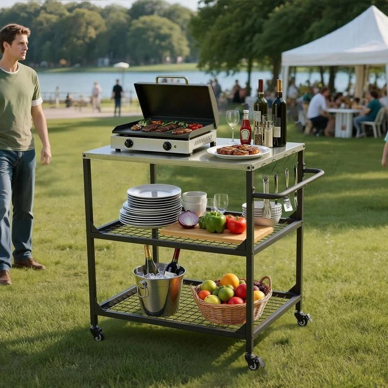 Outdoor Grill Cart, 31.5 X 24.0 Inch Stainless Steel Tabletop Size Grilling Table, Outdoor Cooking Table with 4 Wheels & Side Handle, Two Mesh Shelves, BBQ Prep Tables for Patio, Garden