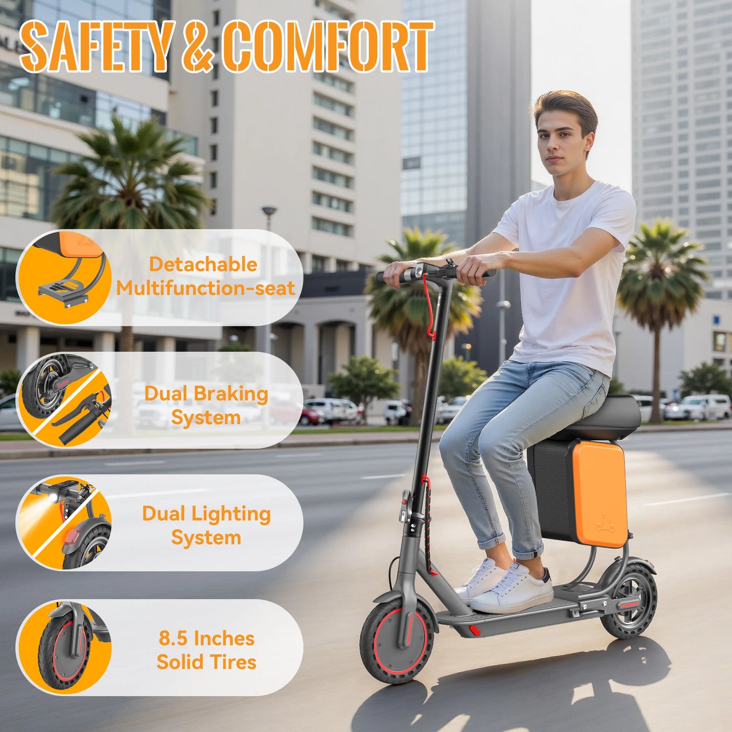 8.5'' Solid Tire Electric Scooter 350W Motor 36V 5.2Ah Battery 19mph Max Speed Up to 16miles Max Range with Removable Seat & Box