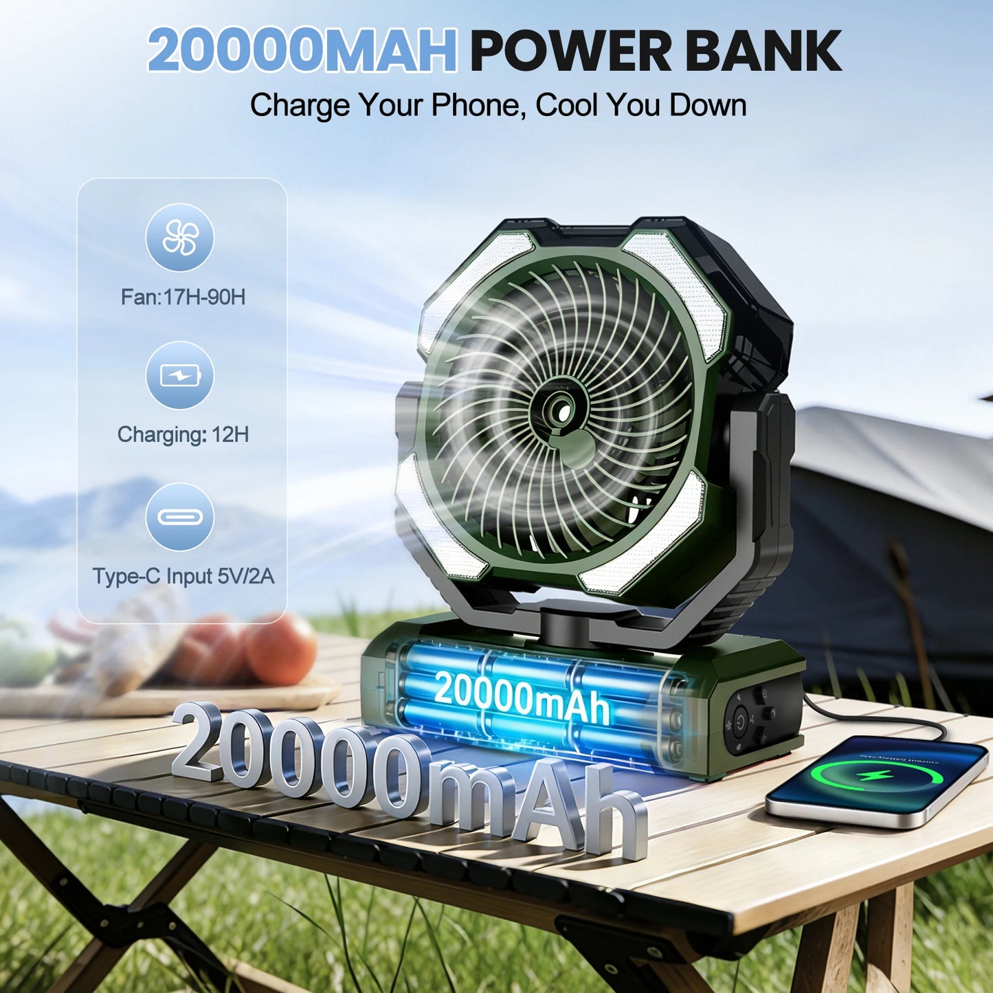 20000mAh Operated Mist Cooling Fan Portable Rechargeable Desk/Camping Fan with LED Light and Hook Outdoor Fan for Tent Car Trip