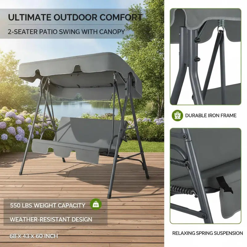Outdoor Patio Swing Chair, Iron Frame with Oxford Cloth, Sunshade Canopy and Soft Cushions, 250Kg Weight Capacity, Rust-Resistant Stable Structure for Garden Balcony Porch, Dark Gray