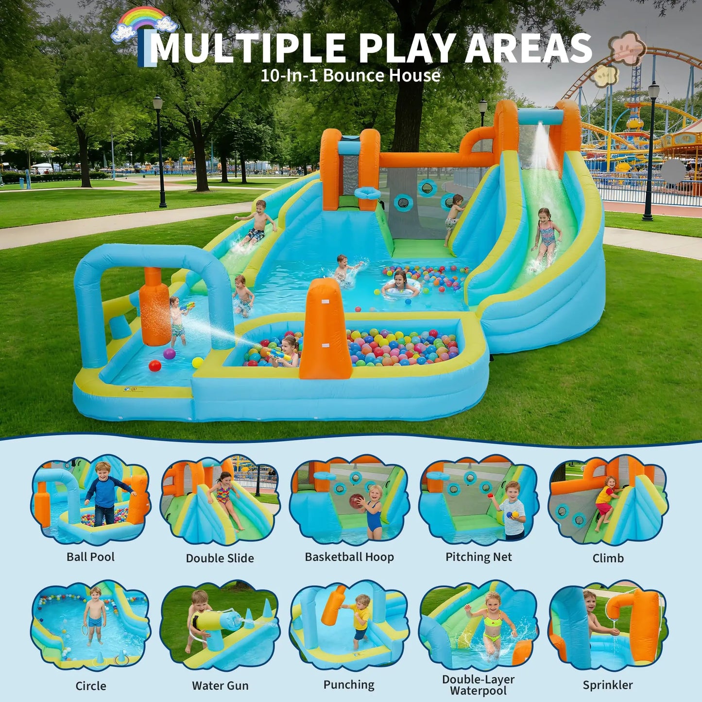 HiMISS 10 In 1 Water Bounce Castle With Slide Outdoor