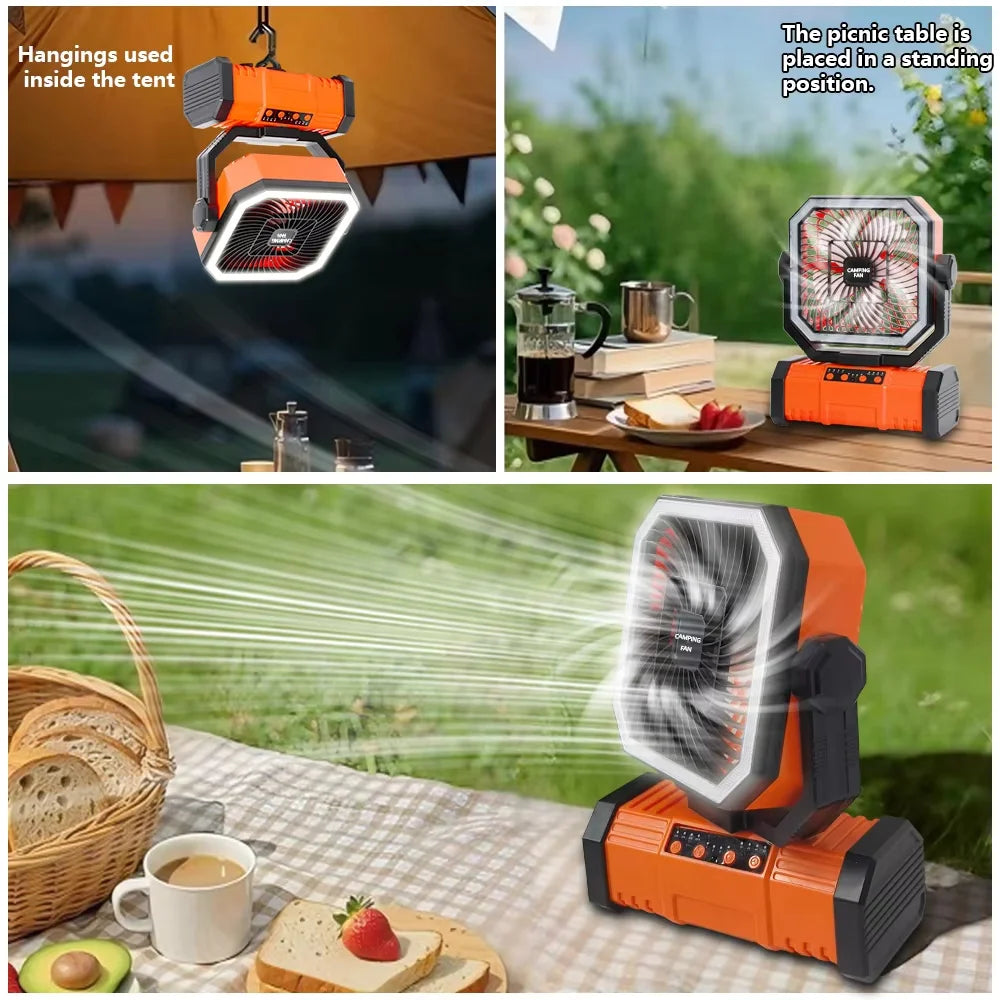 Outdoor Camping Fan 20000mAh Rechargeable Fan with LED Lantern & Remote for Fishing Travel, 4 Speeds 8H Timer, Hanging Hook