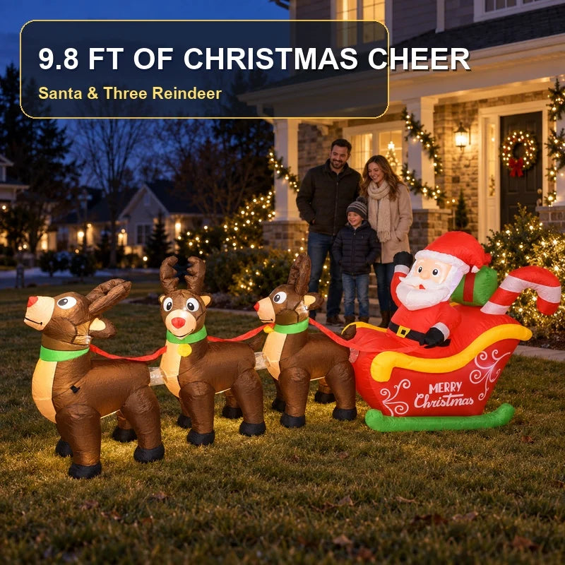 LED Inflatable Santa Sleigh with Three Reindeer Yard Decoration