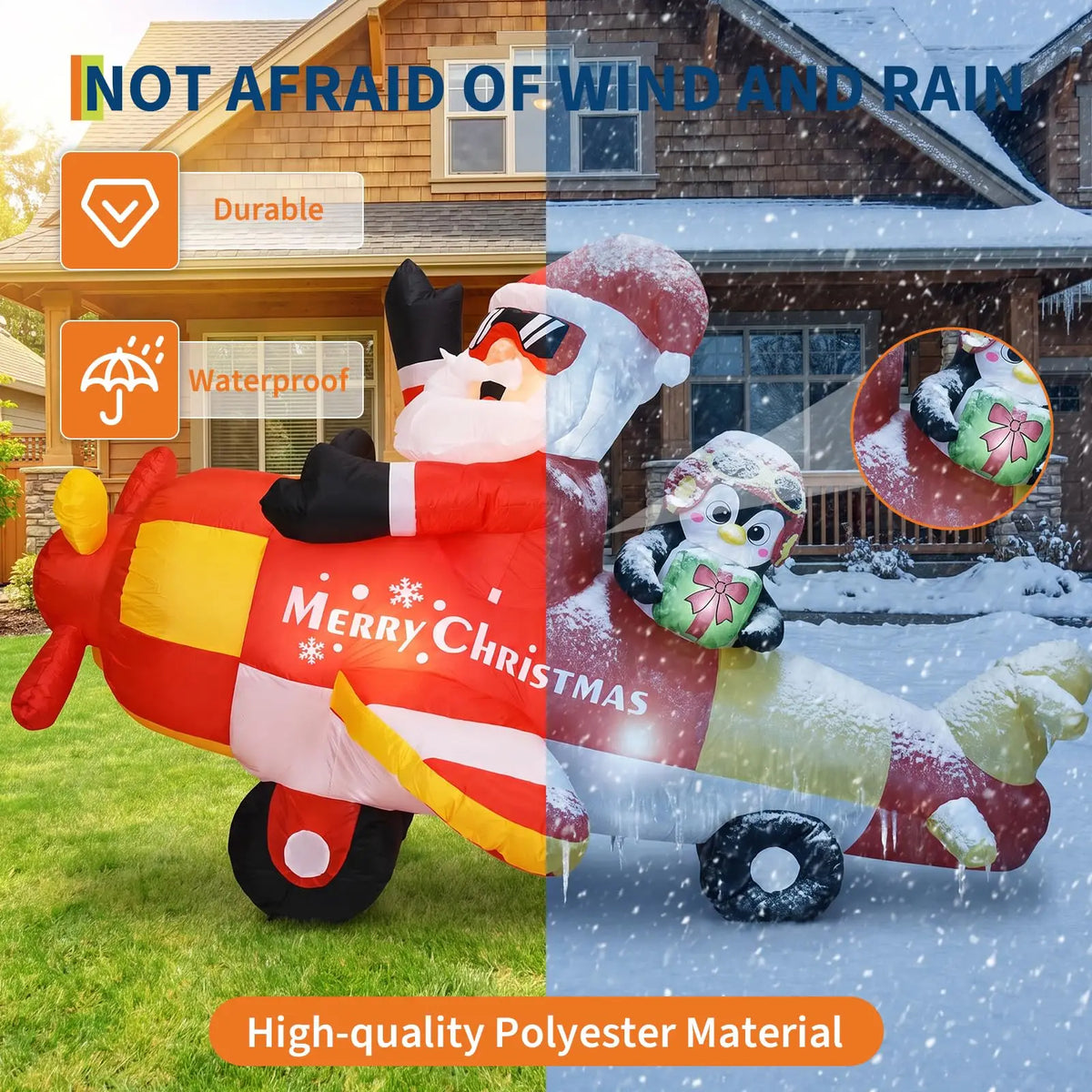 Himmiss Christmas Inflatable Santa Airplane With Penguin Outdoor Decor